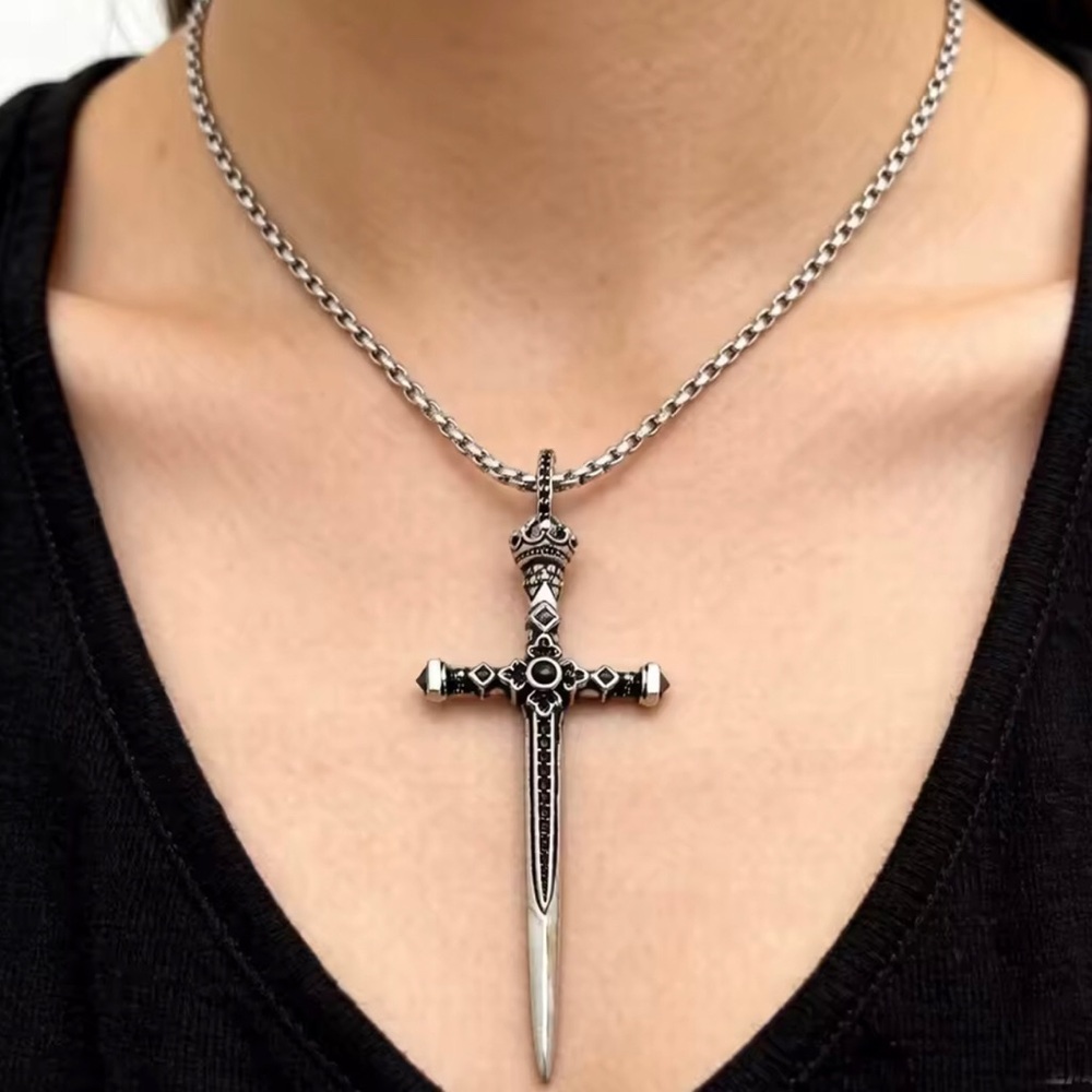 Sterling Silver Cross Dagger Pendant Necklace - Black Accents